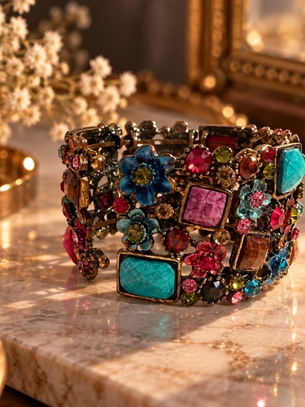 Vintage Boho Colorful Rhinestone & Gem Floral Statement Cuff Bracelet